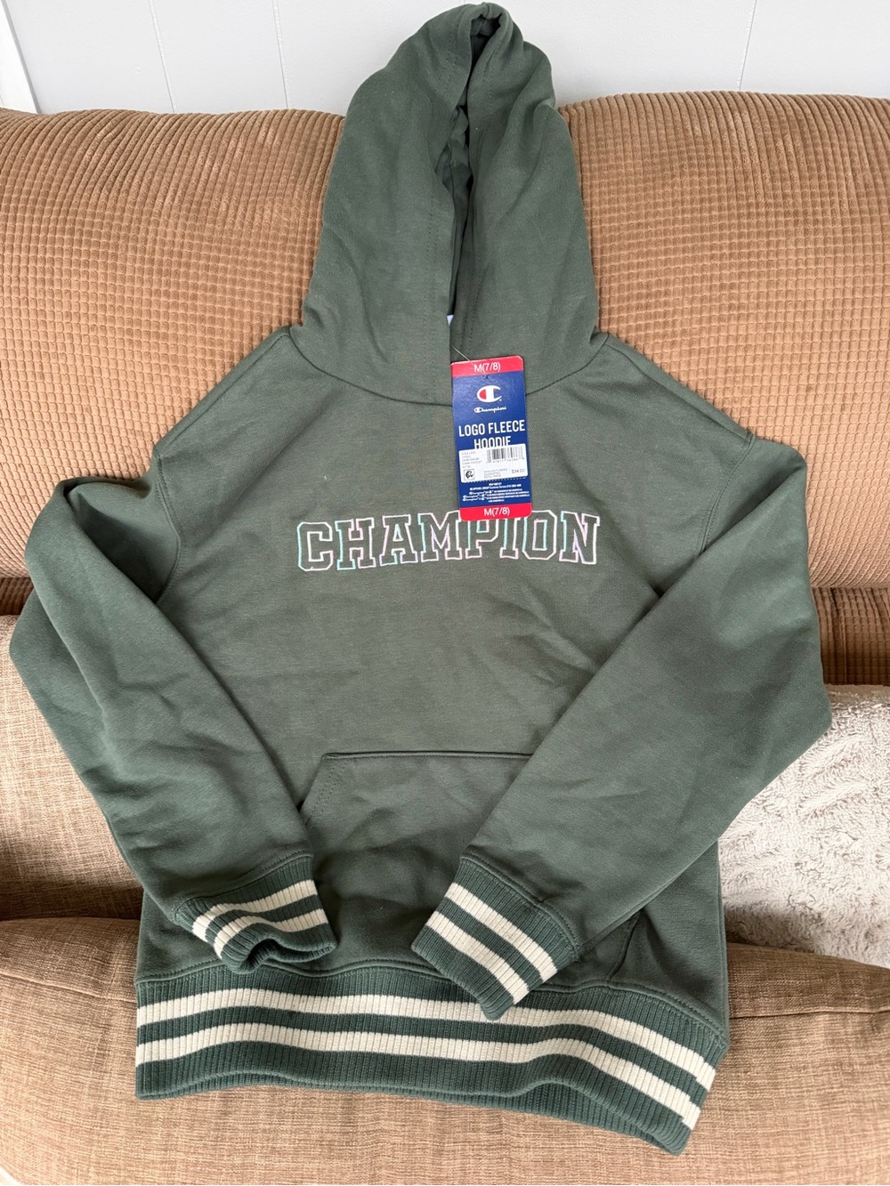 Champion Olive Green Crewneck Logo Hoodie with Cream Stripes